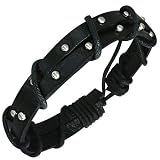 Black Leather Bracelet with Silver Studs, Adjustable, for Men and Women