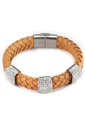 Woven Beige Leather Bracelet with Three White Pave Crystal Rings. Latch Secure Closure.