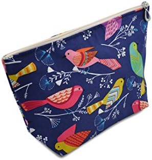 Dana Herbert Designer Travel Cosmetic Tolietries Bag, Size Large 6x10 inch Cotton with Plastic Liner, Handmade in USA, Navy Blue Birds Pattern