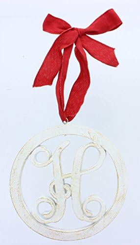 Round Cut Out Wooden Initial "H" Christmas Ornament. White Wash Finish. Red Bow. Approx 5" Diameter. Christmas Tree Ornament.