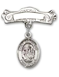 Sterling Silver Baby Badge with St. Catherine of Siena Charm and Arched Polished Badge Pin. Catholic Saint Catherine of Siena Patron Saint of Fire Prevention, Italy, Artists, Nursing Services & Nurses, Philosophers, Secretaries