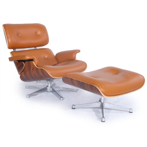 Kardiel Eames Style Plywood Lounge Chair & Ottoman, Caramel Aniline/Palisander/Silver Base