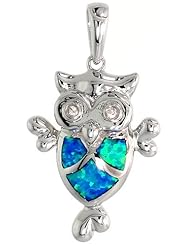 Sterling Silver Owl Pendant Synthetic Opal Inlay 7/8 inch tall,