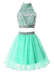 A-line Tulle High-Neck Short Beaded  Illusion Mini Dress  With Rhinestones