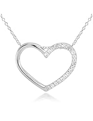 925 Sterling Silver Open Heart with White Cz Pendant Necklace 18" for Women