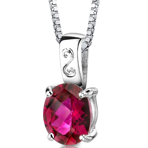 Spring Dream: Sterling Silver Rhodium Finish Oval Shape Checkerboard Cut Ruby Pendant with 18 inch Silver Necklace