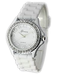 Sotijobs Ladies Womens Crystal Like Inlay Analog Quartz Wrist Candy Color White Large Dail Watch