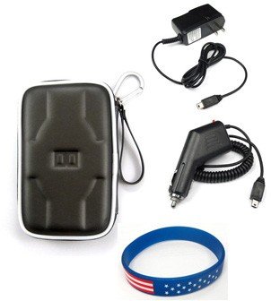 Garmin Nuvi 785T Accessory Bundle - Premium Nylon/ EVA Carrying Case (Grey) + Car Charger + Home Travel AC Charger + Free Stars Stripes Silicone Wristband