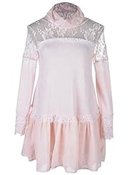 Turtleneck Long Sleeves Flared-Skirt Floral Print Lace Pleated  Dress