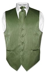Men's Dress Vest & NeckTie Olive Green Striped Vertical Stripes Design Set for Suit or Tuxedo
