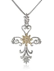 Precious Moments 2-Tone Sterling Silver Diamond Across with Flower Design Pendant Necklace, 18"
