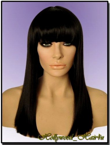 Hollywood_Hair4u - Straight Long #1B Jet Black Wig with Bangs Kanekalon Heat Resistant Synthetic Fiber Skin Top *NEW*