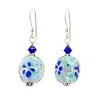 Flower Design Lampwork Glass Dangle Earrings with Blue Swarovski Crystal on a Sterling Silver Earwire, #7476