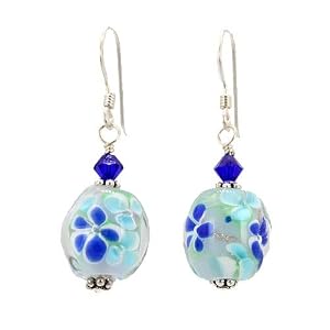Flower Design Lampwork Glass Dangle Earrings with Blue Swarovski Crystal on a Sterling Silver Earwire, #7476