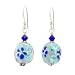 Flower Design Lampwork Glass Dangle Earrings with Blue Swarovski Crystal on a Sterling Silver Earwire, #7476