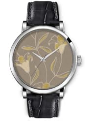 SPRAWL Aanalog Fashion Series Silver Ladies Watches of Genuine Black Leather Strap,Unique Wrist Watch for Women Girls Designed with Drawing lily flowers on gray background
