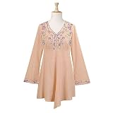 Asymmetric Hem Floral Embroidered Beige Cotton Tunic (Petite, Tall & Misses Sizes XS-3X)