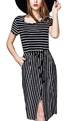 Polyester/Spandex Slit Fitted Vertical Stripe Summer Short Sleeves  Dress