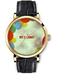 SPRAWL Aanalog Fashion Series Gold Ladies Watches of Genuine Black Leather Strap,Unique Wrist Watch for Women Girls Designed with Colorful balloons on the shore