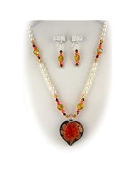 Murano Glass Orange Flower Heart Pendant Freshwater Pearls Sterling Silver Necklace
