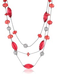 Nine West "Seeing Stars" Hematite Tone Ruby Red Pave 3 Row Illusion Necklace,16.5"+2" extender