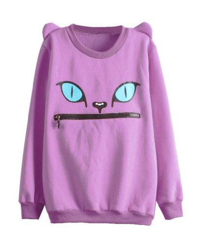 LookbookStore Lavender Women Coloured Zip Mouth Smile Shoulder 3D Ear Cat Front Jumper Sheatshirt Top US 6 – US 8