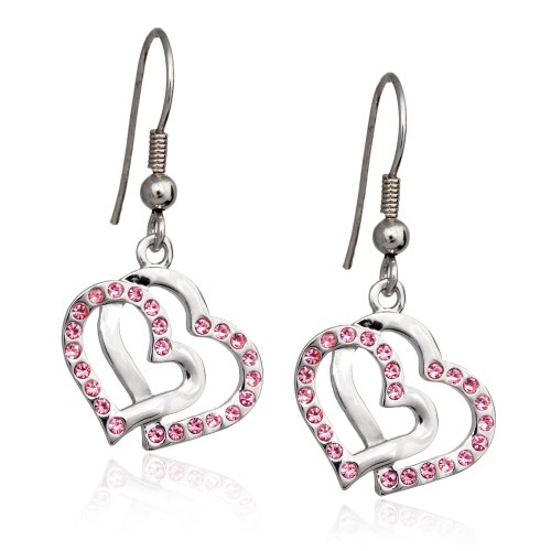 Silver & Pink Crystal Double Heart Charm Earrings
