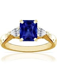 18K Yellow Gold Emerald Cut Blue Sapphire Three Stone Ring