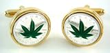 Silver & Green Enamel Canada Canadian Marijuana Leaf Coin Cufflinks