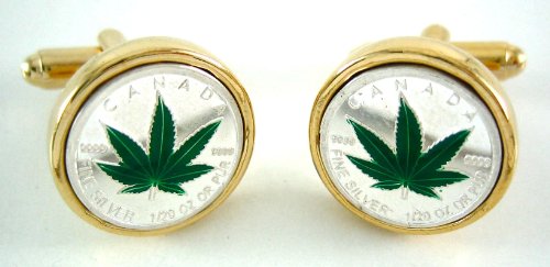 Silver & Green Enamel Canada Canadian Marijuana Leaf Coin Cufflinks