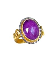 7.10 ctw Natural Red Ruby and 0.22 ctw Diamond Stud Pave Ring in 18K Yellow Gold and Sterling Silver