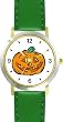 Pumpkin, Jack-o-Lantern - WATCHBUDDY&reg; DELUXE TWO-TONE THEME WATCH - Arabic Numbers - Green Leather Strap-Size-Women's Size-Small