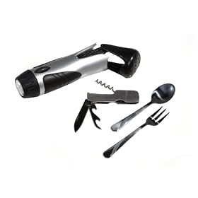 Camper's Survival Tool with LED Flashlight, Knife, Fork, Spoon, Can Cap Opener and Corkscrew - Camping Tool by