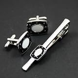 FashionOn Designer Formal Contemporary Oval Black Silver Tie Bar and Cuff Links Set with Presentation Box