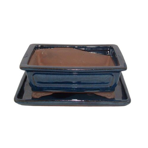 20cm Blue Glazed Bonsai Pot and Tray Set
