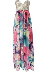 Sexy Strapless Floral Print Polyester Off the Shoulder Sleeveless Sequined Shift Maxi Dress 