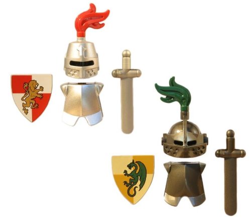 LEGO Knight Armor Pack (Metallic) 2 Sets - LEGO Kingdoms Castle Minifigure Accessories - Sword, Breastplate, Shield, Great Helm with Plumes - Lion vs Dragon