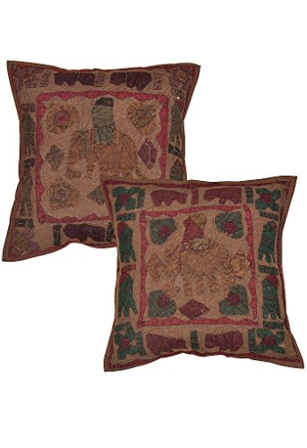 Imagen 4 de Hecho a mano del algodón indio Patch Elephant & Jogi Tamaño bordado Cojín 16 x 16 pulgadas Juego de 2 piezas