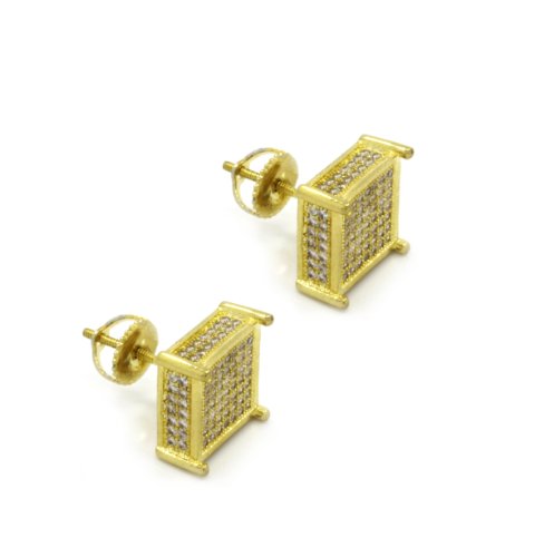 Mens 10mm 14k Gold Plated Cz Micro Pave Iced Out Smooth Cube Stud Earrings Screw Backs (7 Lines)