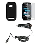 Nokia Lumia 710 (T-Mobile) Premium Combo Pack - Black Silicone Soft Skin Case Cover + Atom LED Keychain Light + Screen Protector + Car Charger
