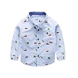 Ziweiba男児ワイシャツ ボーイズ 長袖 ボタンダウン シャツ 子供 キッズ 男の子 ブラウス 動物プリント柄カジュアル 入学式 学院風 (110, Aブルー)