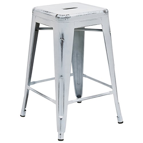 Flash Furniture Backless Distressed White Metal Indoor Counter Height Stool, 24