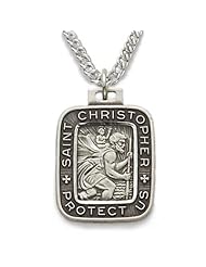 Highest Quality Sterling Silver Engraved Rectangle St. Saint Christopher Medal Pendant Necklace Jewelry w/Chain 20" Length Gift Boxed