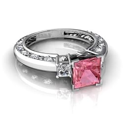 White Gold Square Created Pink Sapphire and Diamond Engagement Ring