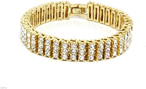 POPLife Men &amp; Lady 3 Row Golden Clear Crystal Iced Out Hip Hop Bling Bracelet 8"