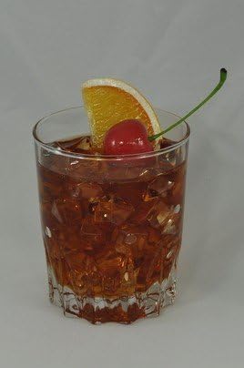 New! Fake Old Fashioned Drink on the Rocks w/ Orange Wedge and Cherry