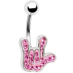 Pink Austrian Crystal Hand I Love You Belly Ring