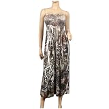 White Brown Smocked Bodice Plus size Babydoll Maxi Dress