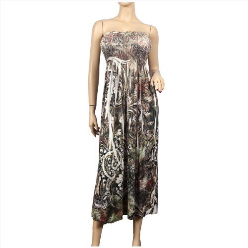 White Brown Smocked Bodice Plus size Babydoll Maxi Dress