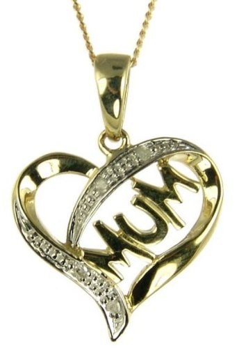 9ct Yellow Gold Ladies Diamond Set Open Heart Mum Pendant with 18 Curb Chain